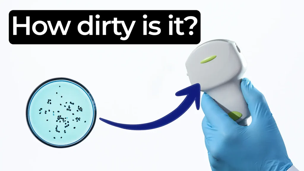 Medical device bioburden thumbnail showing gloved hand holding a device with arrow pointing to a petri dish illustrating bacteria before sterilization validation