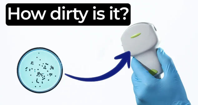 Medical device bioburden thumbnail showing gloved hand holding a device with arrow pointing to a petri dish illustrating bacteria before sterilization validation