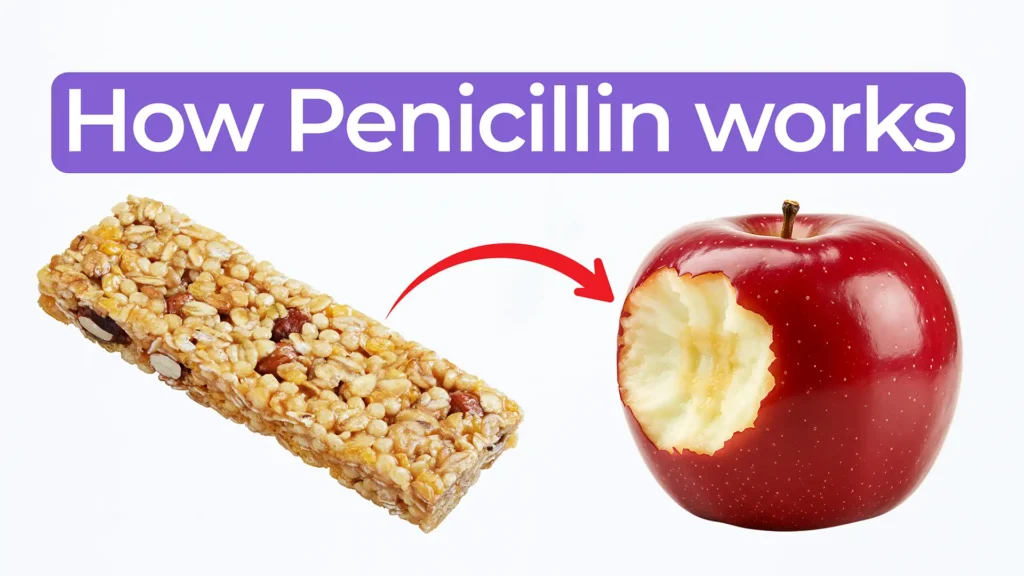 Penicillin mechanism explained using food analogy with cashew bar representing beta-lactam antibiotic binding to apple representing bacterial enzyme