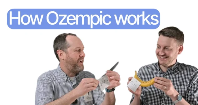Nick and Nigel holding a banana labeled GLP-1 and scissors labeled DPP-4 to explain how Ozempic works on Bio Break by StarFish Medical.