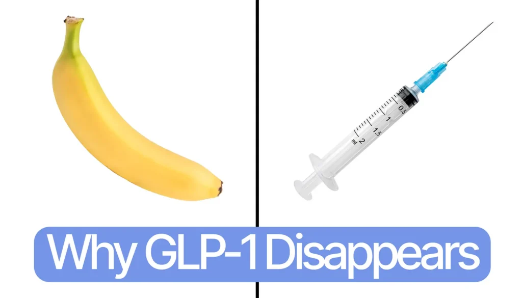 Split image showing a banana on the left and a medical syringe on the right, illustrating the difference between natural GLP-1 and Ozempic, with the text "Ozempic Explained" overlaid at the bottom.