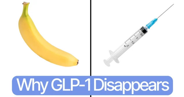 Split image showing a banana on the left and a medical syringe on the right, illustrating the difference between natural GLP-1 and Ozempic, with the text "Ozempic Explained" overlaid at the bottom.