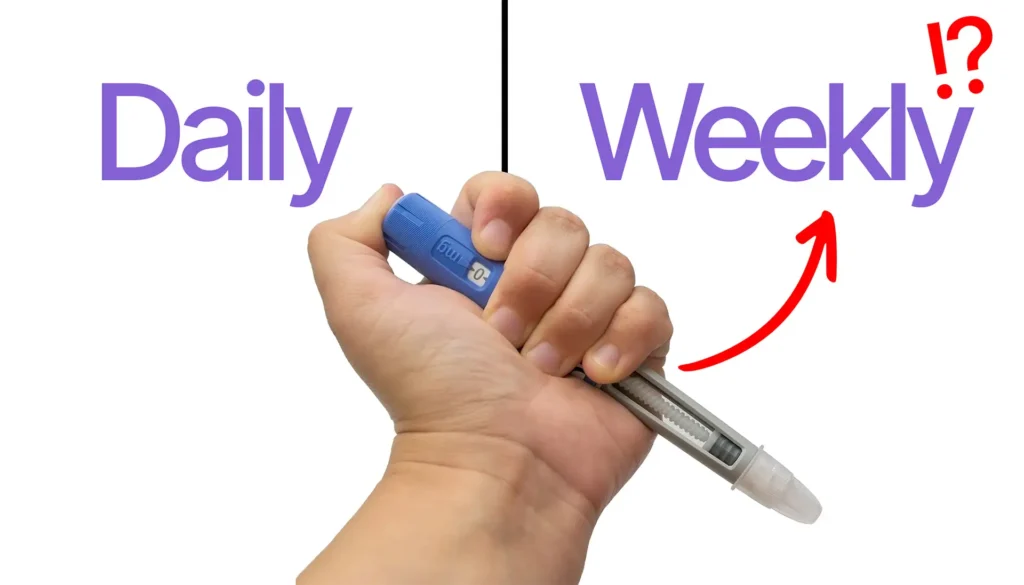 GLP-1 injection pen showing daily vs weekly dosing comparison