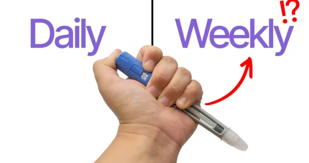 GLP-1 injection pen showing daily vs weekly dosing comparison