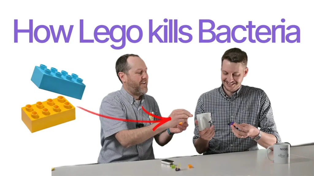 Nick and Nigel demonstrating how aminoglycoside antibiotics work using Lego bricks in a Bio Break episode