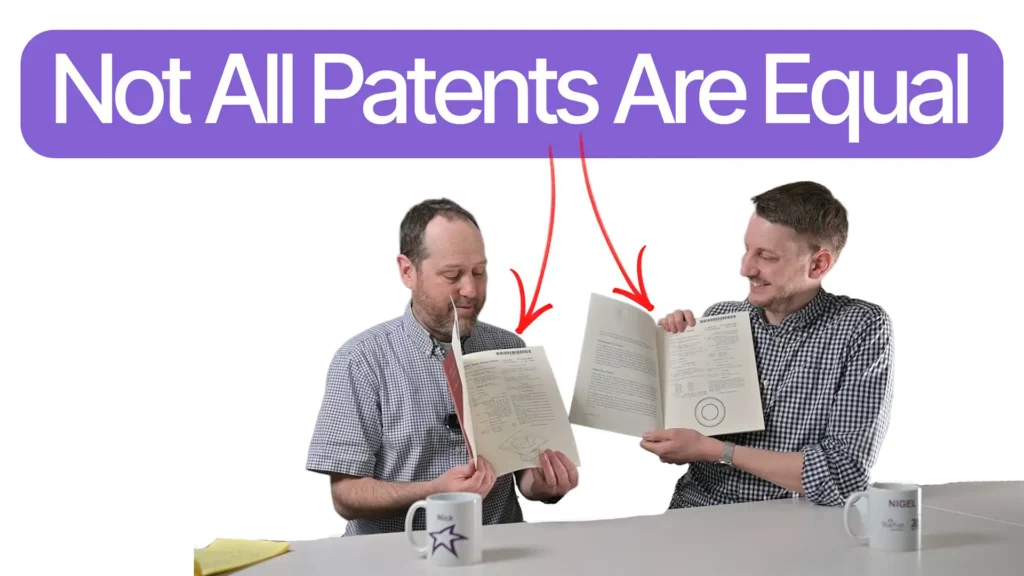 Nick and Nigel each holding a different USPTO patent certificate, illustrating the difference between a design patent and a utility patent in a Bio Break episode