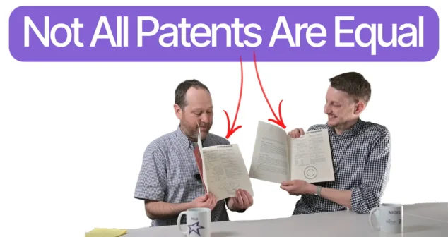 Nick and Nigel each holding a different USPTO patent certificate, illustrating the difference between a design patent and a utility patent in a Bio Break episode