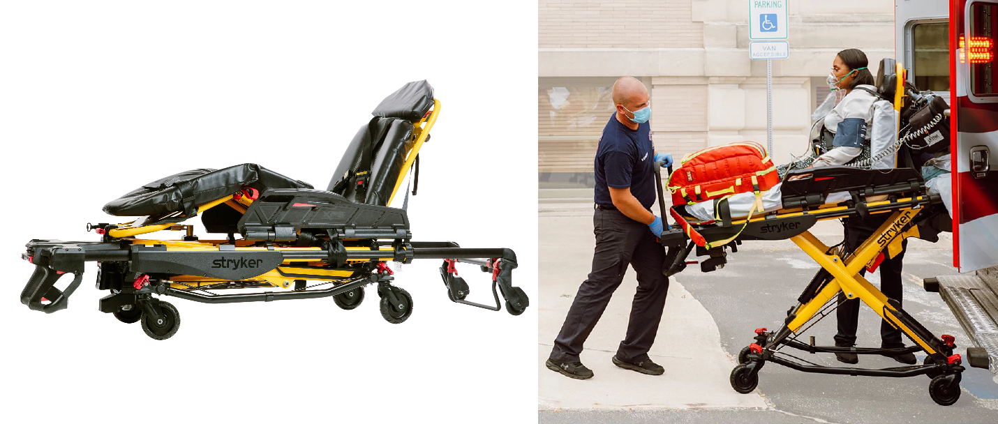  Stryker EMS stretcher on left and  and on right, a male EMS worker loading a woman on the stretcher into an ambulance.
