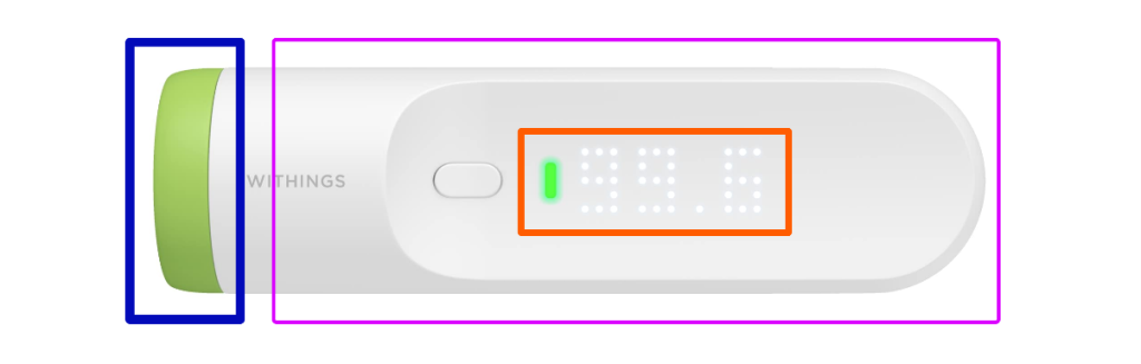 Digital thermometer with the same 3 distinct splits of structural elements as the traditional thermometer.
