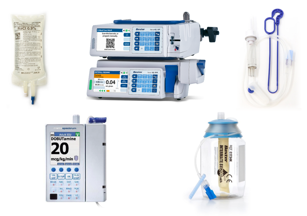 Five examples of medical products that use cool white or clear plastics to indicate work (or do not touch) areas: NaCl sodium chloride injections 1000ml iv-saline bags, an infusion platform, a medication set, an Infusion Pump. 
