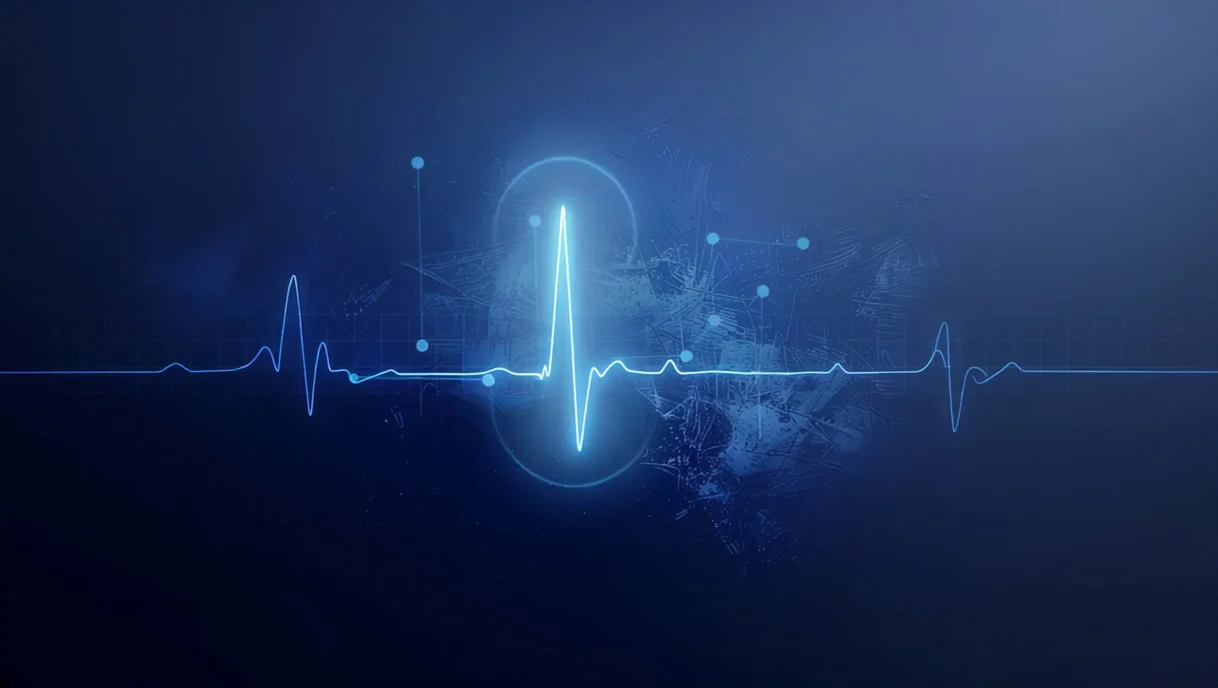 Artificial intelligence ECG waveform with neural network overlay illustrating AI arrhythmia detection model