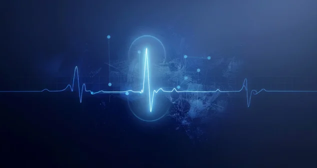 Artificial intelligence ECG waveform with neural network overlay illustrating AI arrhythmia detection model