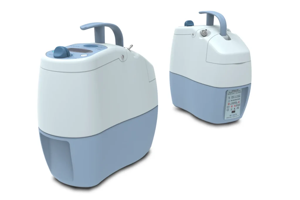 Inogen portable oxygen concentrator shown from two angles with lightweight housing design