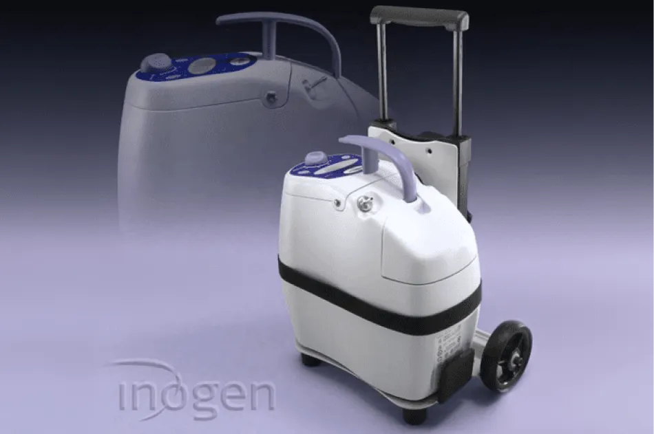 Inogen oxygen concentrator shown with wheeled portable cart