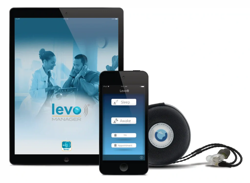 Levo System device kit showing iPad, iPod, and tinnitus therapy earbuds used for customized nighttime sound therapy.