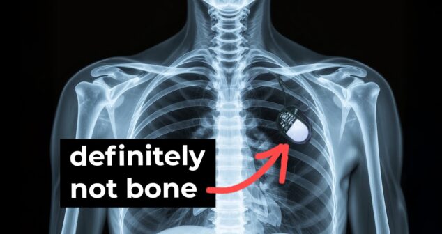 X-ray image of a human chest showing bones in high contrast. A visible electronic device, likely a pacemaker or implant, is located in the upper left chest area. A bold red arrow points to the device with a label in black and white text reading “definitely not bone.”