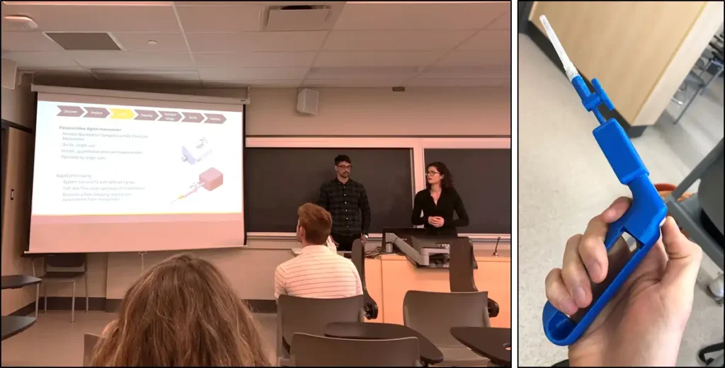 Students, David Hamdi and Tavia Walsh, present their automated spinal tap device with a 3D printed prototype for formative testing.