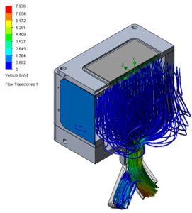 A computer-drafted simulation of how the aerosol moved through the design. The image shows significantly dark maps indicating that flow was constricted.