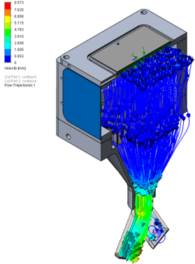 A computer-simulated drawing showing how aerosol flows in the device after refining the design. This model shows significantly brighter colors indicating a much more successful flow.