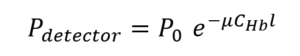 An exponential attenuation equation describing detected light power in tissue: P₍ₜₑₜₑcₜₒᵣ₎ = P₀ · e^(–μ · Cₕb · l) where: P₍ₜₑₜₑcₜₒᵣ₎ is the optical power measured at the detector, P₀ is the incident (initial) optical power, μ is the molar extinction coefficient of hemoglobin, Cₕb is the concentration of hemoglobin, l is the optical path length through the medium. This expression is based on the Beer–Lambert law, which models light absorption in tissue.
