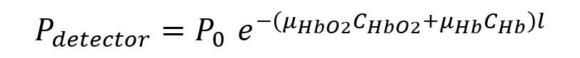 An extended Beer–Lambert law equation modeling light attenuation due to both oxyhemoglobin and deoxyhemoglobin: P₍ₜₑₜₑcₜₒᵣ₎ = P₀ · e^(–(μₕbO₂·CₕbO₂ + μₕb·Cₕb)·l) where: P₍ₜₑₜₑcₜₒᵣ₎ is the optical power measured at the detector, P₀ is the incident optical power, μₕbO₂ is the extinction coefficient of oxyhemoglobin, CₕbO₂ is the concentration of oxyhemoglobin, μₕb is the extinction coefficient of deoxyhemoglobin, Cₕb is the concentration of deoxyhemoglobin, l is the path length of light through the absorbing medium. This equation quantifies how both forms of hemoglobin contribute to optical attenuation in tissue.