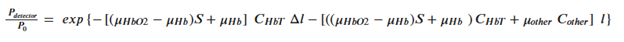 An expression modeling the ratio of detected to incident light power, accounting for hemoglobin absorption and additional absorbers: P₍dₑₜₑcₜₒᵣ / P₀ = exp{ –[(μₕbO₂ – μₕb)·S + μₕb]·CₕbT·Δl – [(μₕbO₂ – μₕb)·S + μₕb)·CₕbT + μₒₜₕₑᵣ·Cₒₜₕₑᵣ]·l } where: P₍dₑₜₑcₜₒᵣ is detected power, P₀ is incident power, μₕbO₂ and μₕb are extinction coefficients of oxy- and deoxyhemoglobin, S is oxygen saturation, CₕbT is total hemoglobin concentration, Δl is the pulsatile path length, μₒₜₕₑᵣ and Cₒₜₕₑᵣ account for additional absorbers (e.g., water, melanin, or lipids), l is the total path length through tissue. This equation incorporates both the AC (pulsatile) and DC (non-pulsatile) components, as well as interference from non-hemoglobin chromophores.