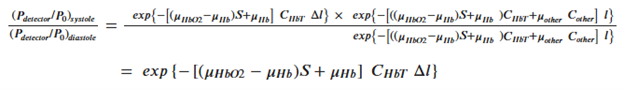 An equation showing the ratio of pulsatile to diastolic light transmission, simplifying the effects of non-pulsatile absorbers: (P₍dₑₜₑcₜₒᵣ / P₀)₍sᵧₛₜₒₗₑ / (P₍dₑₜₑcₜₒᵣ / P₀)₍dᵢₐₛₜₒₗₑ =   [exp{–[(μₕbO₂ – μₕb)·S + μₕb] · CₕbT · Δl}] × [exp{–[(μₕbO₂ – μₕb)·S + μₕb] · CₕbT + μₒₜₕₑᵣ · Cₒₜₕₑᵣ · l}] / [exp{–[(μₕbO₂ – μₕb)·S + μₕb] · CₕbT + μₒₜₕₑᵣ · Cₒₜₕₑᵣ · l}] Simplifies to:   exp{–[(μₕbO₂ – μₕb)·S + μₕb] · CₕbT · Δl} This final form isolates the exponential term dependent on the pulsatile component (Δl) by canceling out the static absorptive contributions of non-pulsatile tissue and other chromophores, aiding in accurate pulse oximetry measurements.