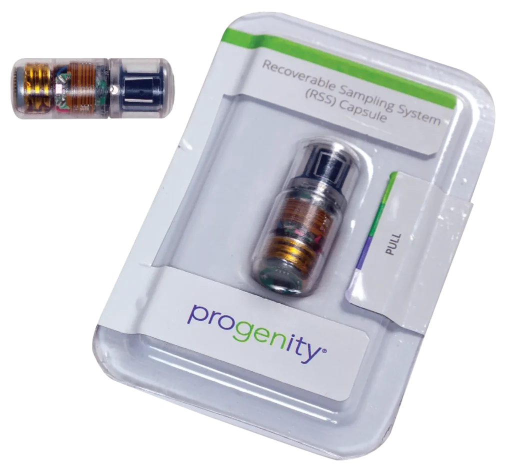 Progenity ingestible capsule system packaging and diagnostic capsules for sampling applications
