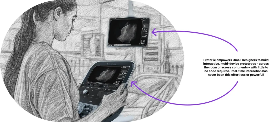 Illustration of real-time interactive medical device prototype built with ProtoPie, used in clinical simulation