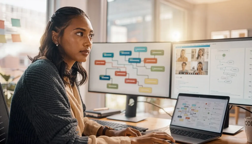Engineer reviewing a colorful mind map diagram across dual monitors and laptop while collaborating with a remote team on a video call during an online whiteboard risk analysis session