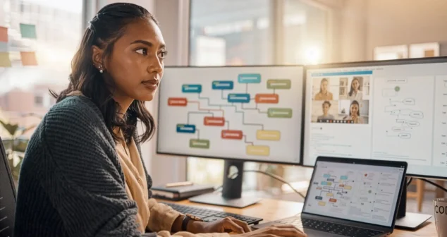 Engineer reviewing a colorful mind map diagram across dual monitors and laptop while collaborating with a remote team on a video call during an online whiteboard risk analysis session