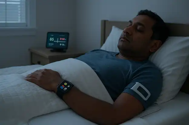 Patient sleeping with connected IoT medical sensors sending data to the cloud.