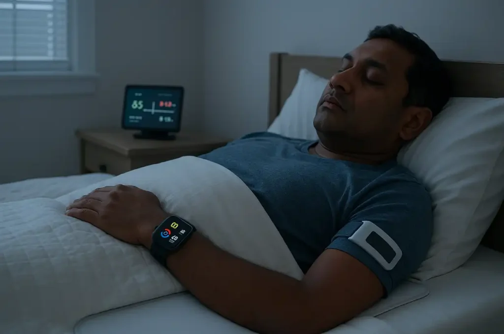 Patient sleeping with connected IoT medical sensors sending data to the cloud.