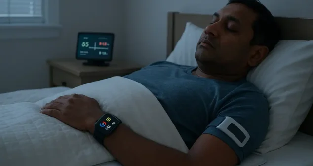 Patient sleeping with connected IoT medical sensors sending data to the cloud.