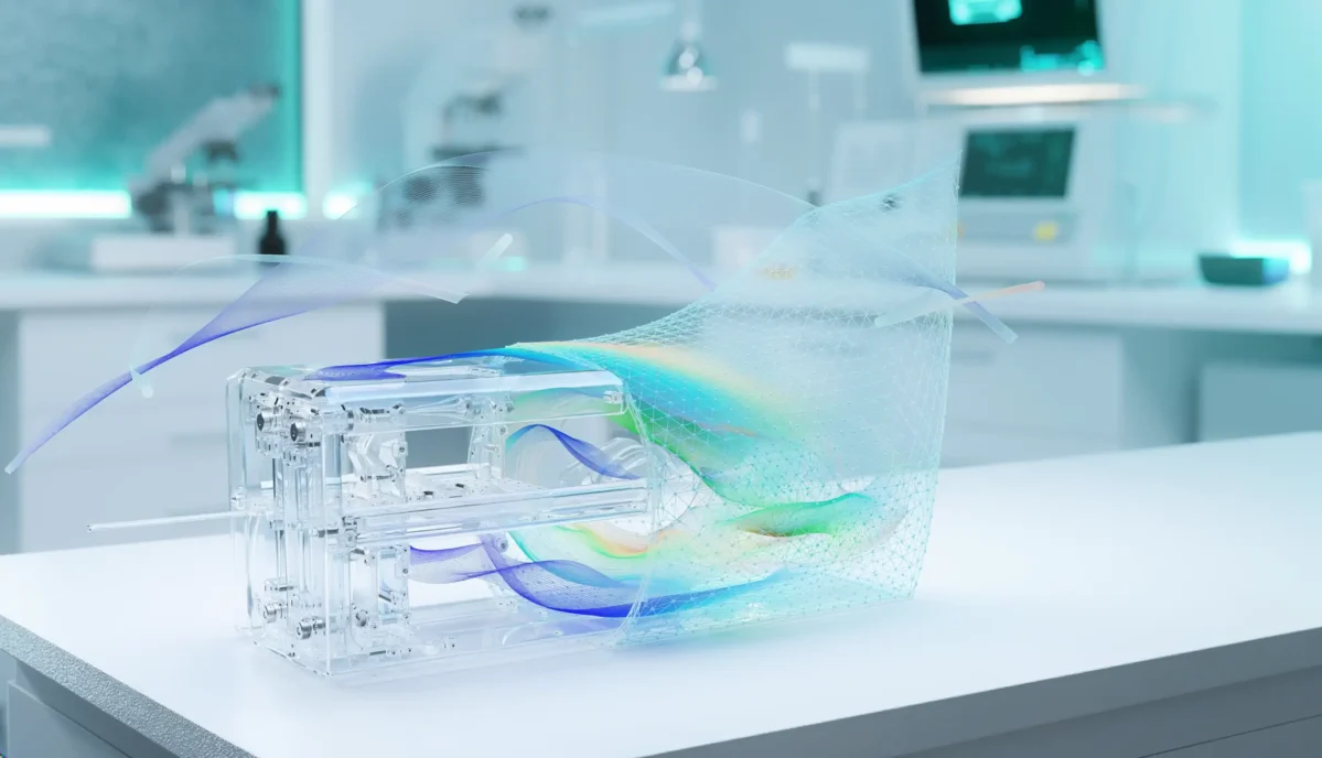 Transparent medical device prototype surrounded by computational simulation mesh representing modeling and simulation during medical device development.