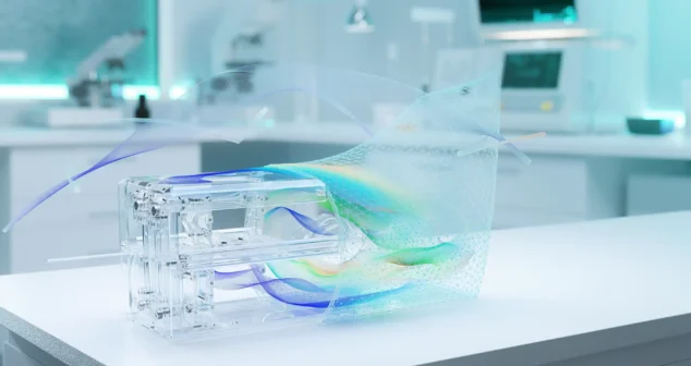 Transparent medical device prototype surrounded by computational simulation mesh representing modeling and simulation during medical device development.