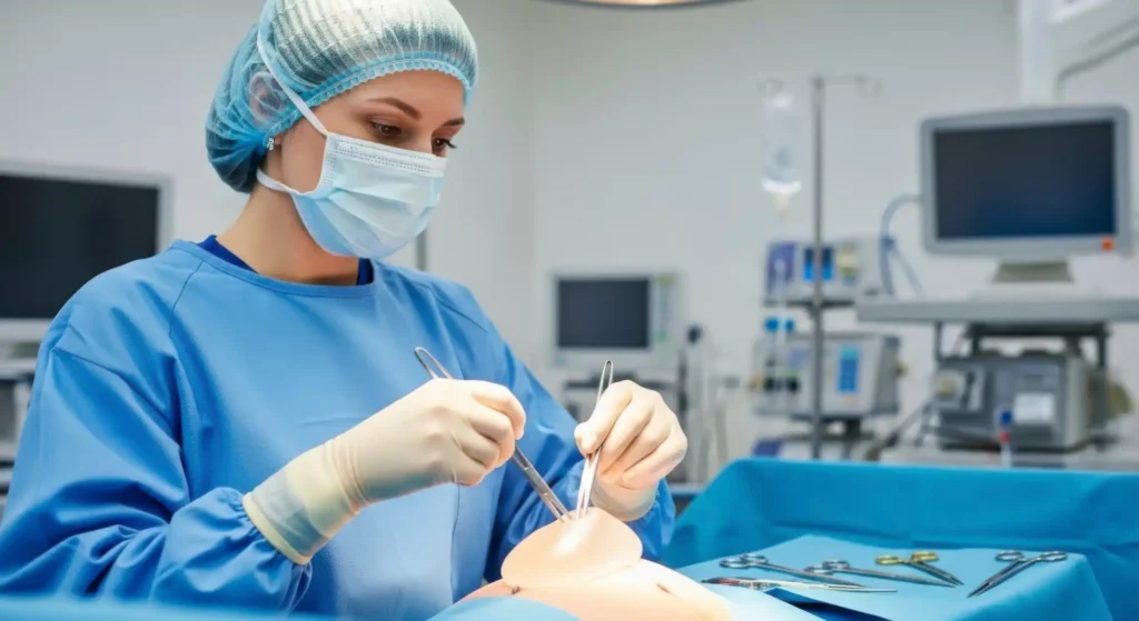 Surgeon practicing on a surgical simulator during a medical training session in a clinical environment