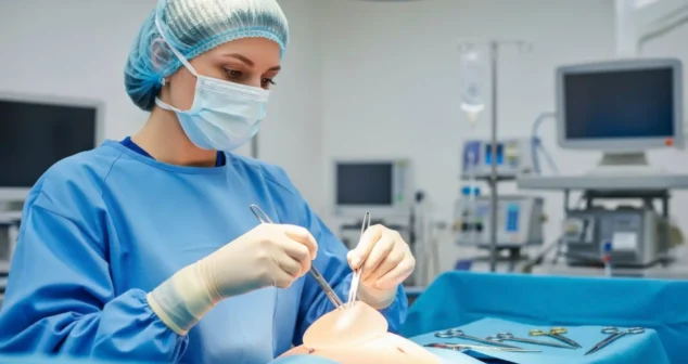 Surgeon practicing on a surgical simulator during a medical training session in a clinical environment