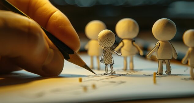 Switch to CAD Description closeup of hand drawing with pencil, and three small wooden figures