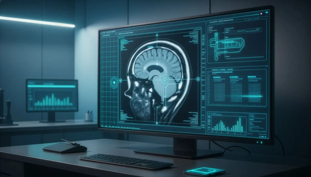 AI analyzing MRI brain scan using computer vision software on a medical imaging workstation
