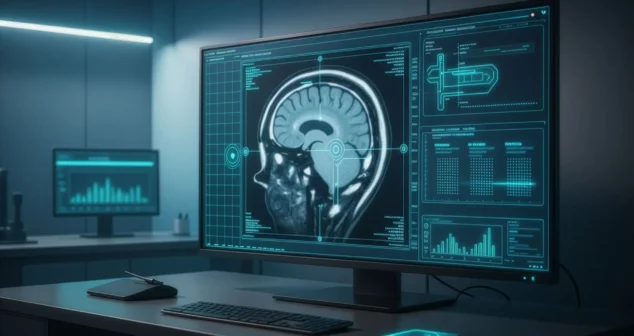 AI analyzing MRI brain scan using computer vision software on a medical imaging workstation