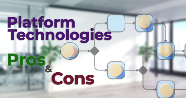 An illustrated flow diagram with interconnected boxes, representing platform technologies in a modern office setting. The title 'Platform Technologies Pros & Cons' is displayed prominently in bold purple and green text, suggesting an exploration of benefits and challenges in the field.