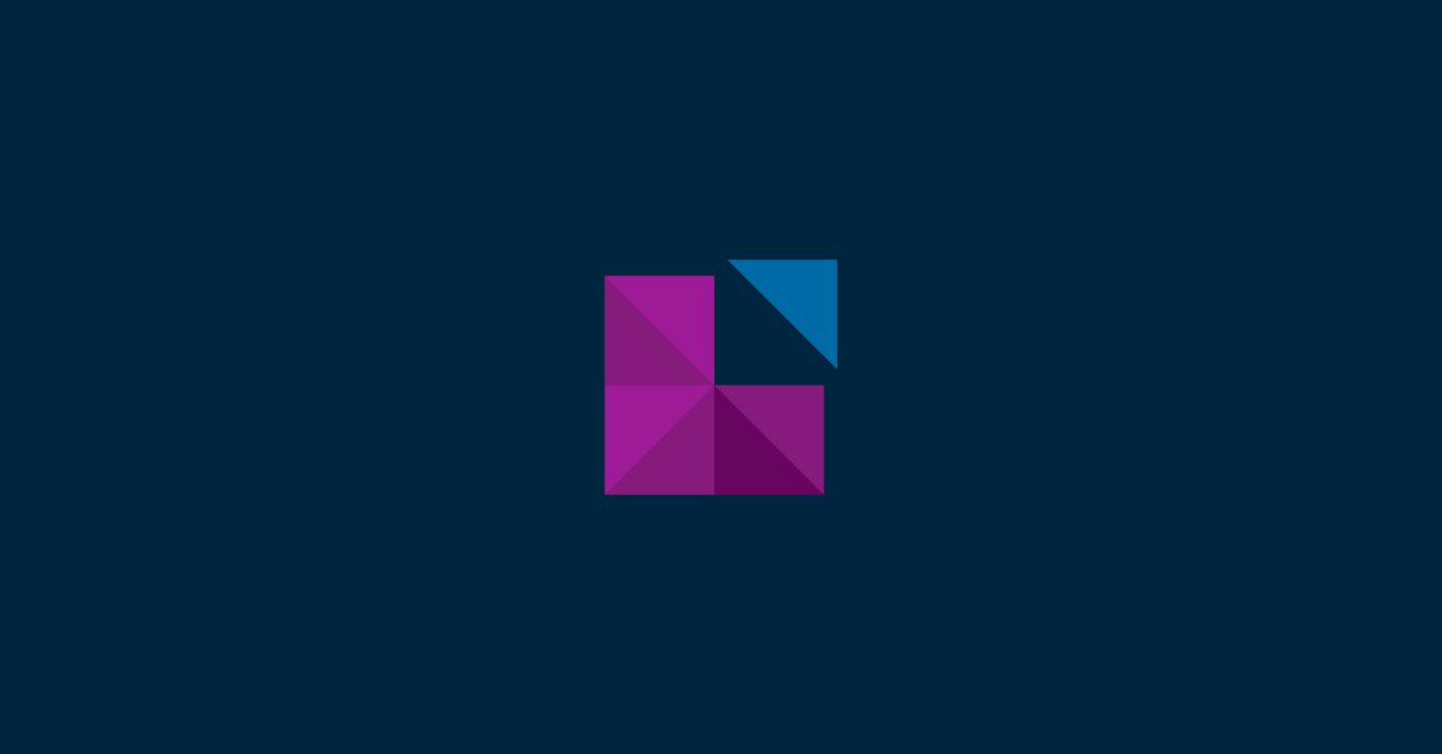 A minimalistic graphic with a dark blue background. At the center, there is a geometric pattern consisting of four purple triangular segments forming a square and a smaller blue triangle positioned at the top right corner of the square.